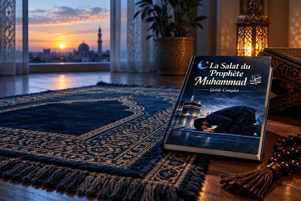 Un tapis de prière et le guide au coucher du soleil