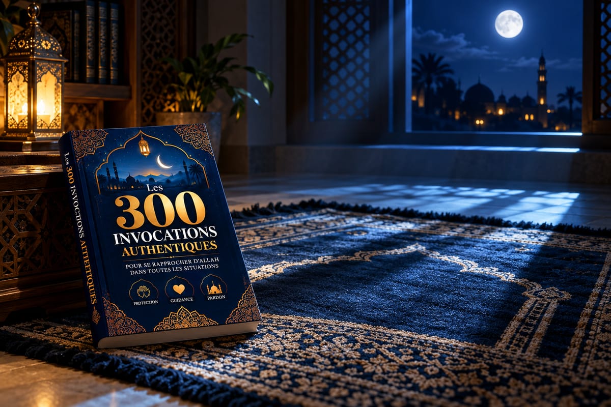 Le recueil posé près d'un tapis de prière, la nuit