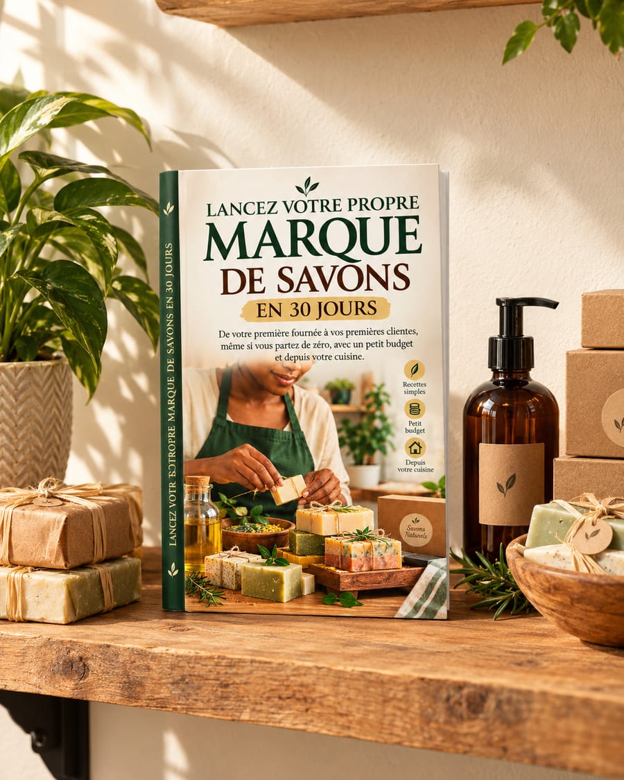 Le livre et des savons artisanaux sur une étagère