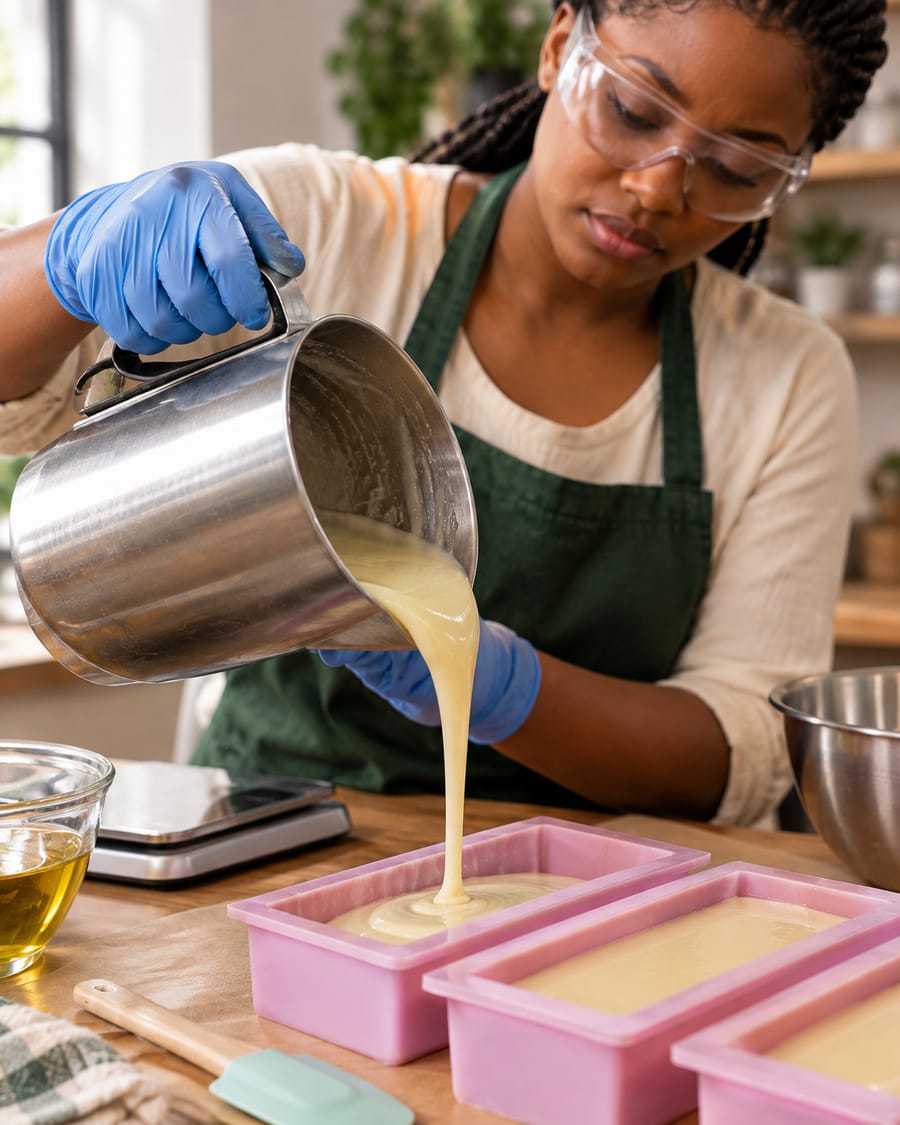 Fabrication de savon avec gants et lunettes de protection