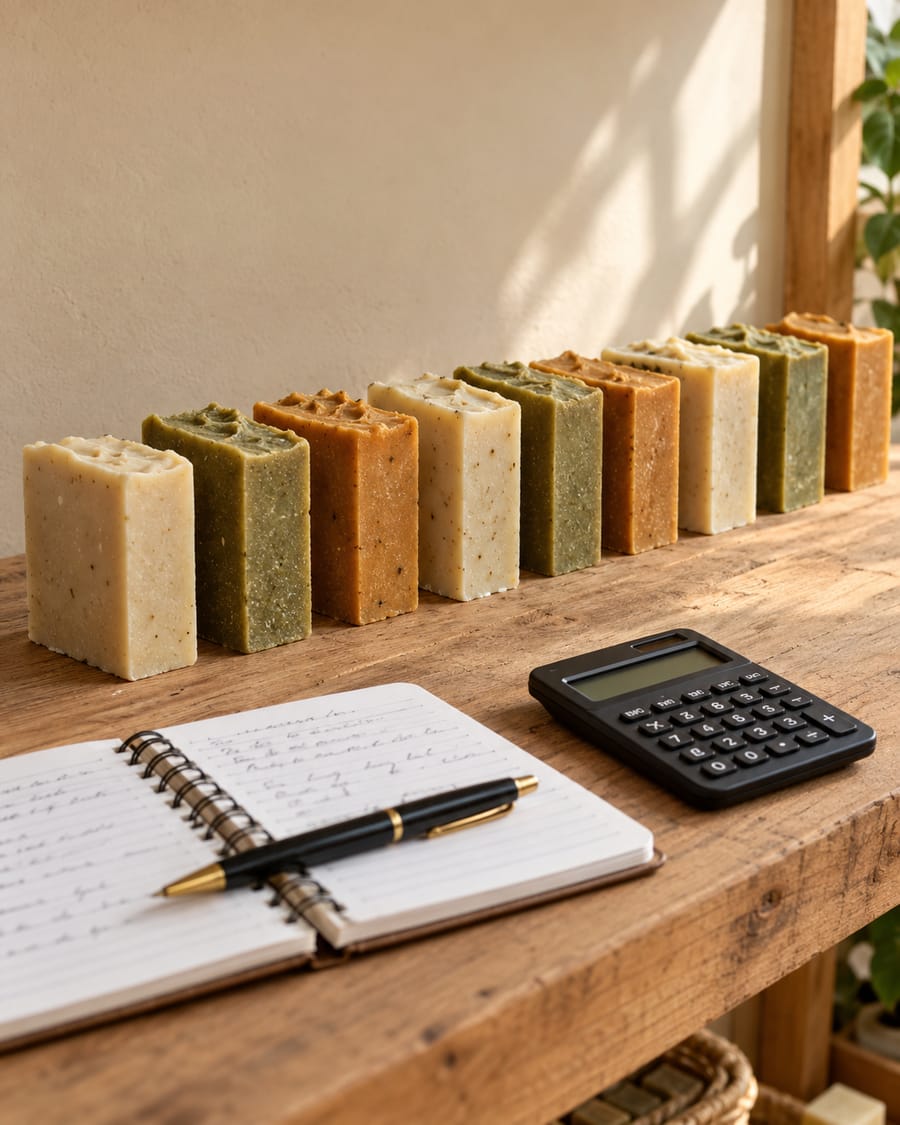 Une fournée de savons qui sèche, un carnet et une calculatrice