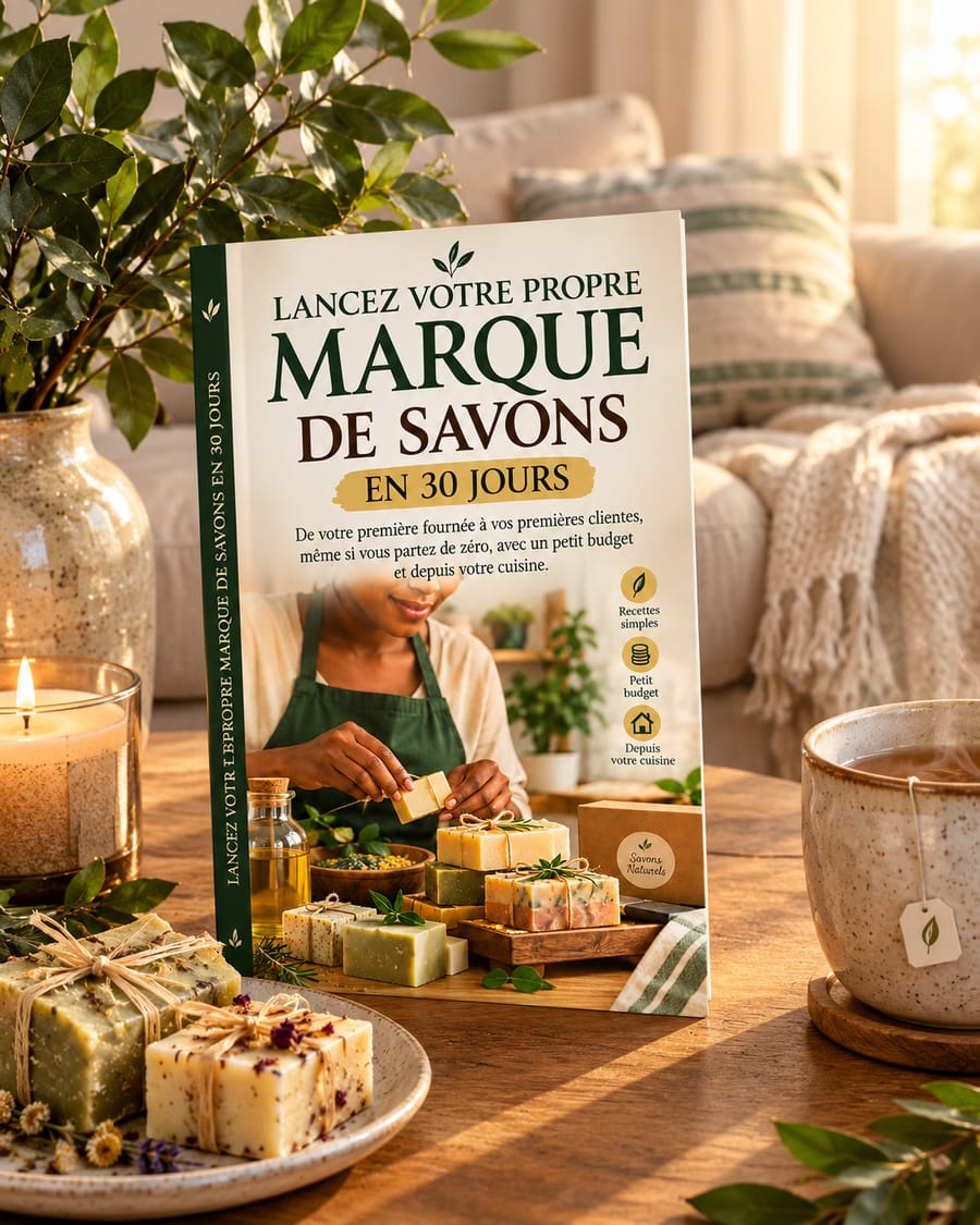 Le livre et des savons artisanaux dans un salon